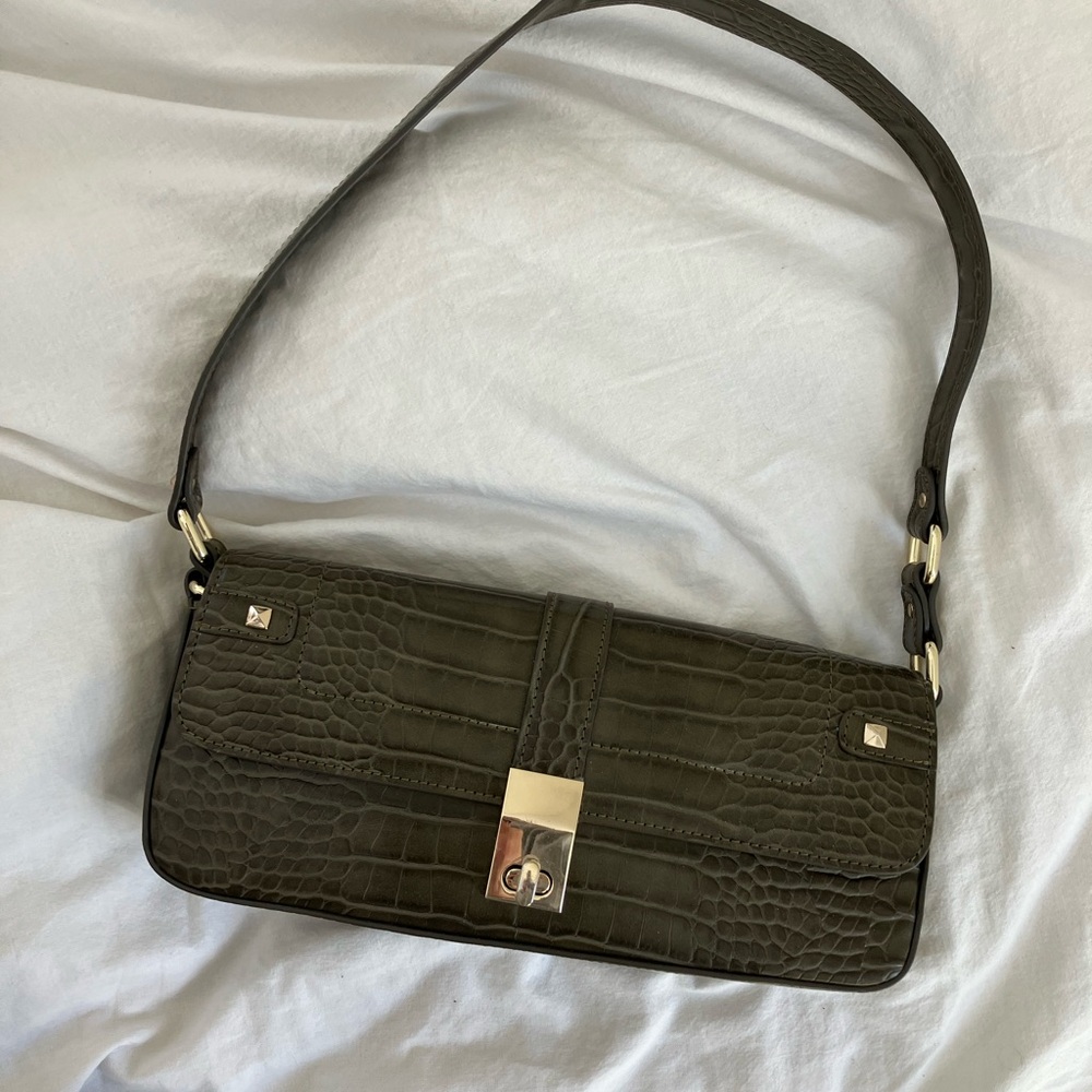 Green Crocodile-Embossed Shoulder Bag